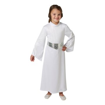 Girls Princess Leia costume - white floor-length dress with metallic belt and hair bun headband