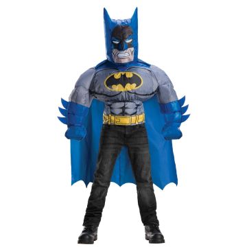 Child wearing inflatable Batman costume with muscular blue torso, grey chest armour and yellow bat symbol