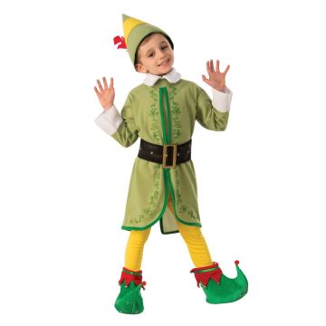 Kids Buddy the Elf costume with sage green jacket, yellow tights and pointed hat