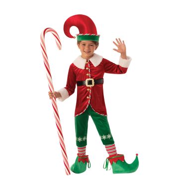 Kids Christmas elf costume with red-green tunic, curled hat and striped socks