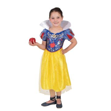 Girls Snow White deluxe costume dress with royal blue bodice, yellow satin skirt and white collar