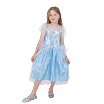 Girls light blue Cinderella ball gown costume with silver scrollwork bodice and tulle sleeves