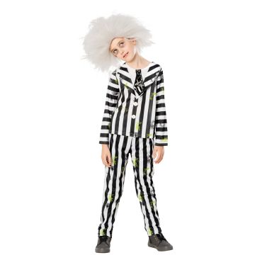 Kids Beetlejuice costume with black and white striped jacket, pants and wild grey wig