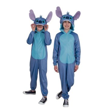 Kids wearing blue Stitch onesie costume with 3D hood and oversized ears
