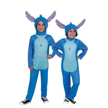 Child wearing royal blue Stitch jumpsuit costume with separate hooded headpiece featuring purple 3D ears