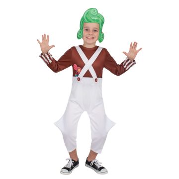 Child wearing brown and white Oompa Loompa jumpsuit with green felt wig headpiece