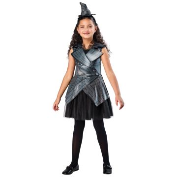 Girls Wicked Elphaba costume with charcoal grey dress, faux leather jacket overlay, and crooked witch hat