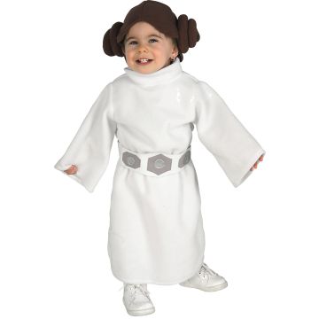 Toddler Princess Leia Star Wars costume with white dress and brown bun wig