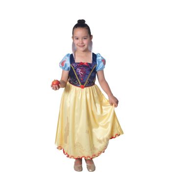 Girls Disney Snow White deluxe princess dress with blue bodice and yellow story-print skirt
