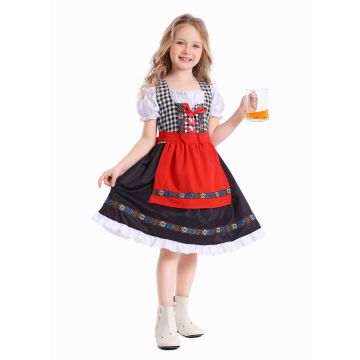 Girls wearing red, navy and tan Bavarian dirndl costumes with gingham bodices and attached aprons