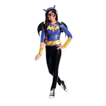 Girls DC Superhero Batgirl deluxe costume with blue hooded top, gold bat symbol and molded bat-wing backpack