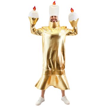 Adult wearing gold metallic candelabra costume with white candle hat and flame hand pieces