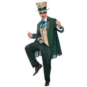 Adult Mad Hatter costume with forest green tailcoat, beige top hat and teal bow tie