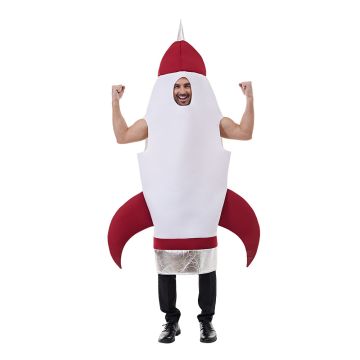 Adult retro rocket ship tabard costume with red nose cone and silver engine