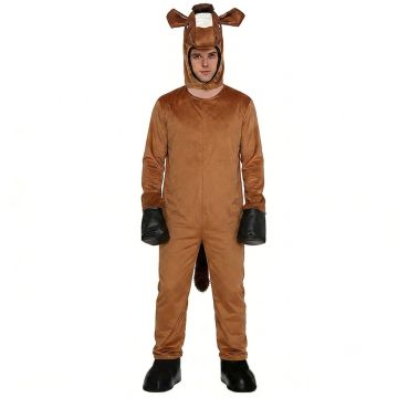 Adult brown horse onesie costume with hood and tail on white background