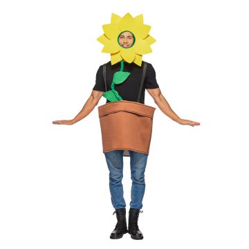 Adult wearing yellow foam sunflower headpiece with face cutout and brown flowerpot tabard