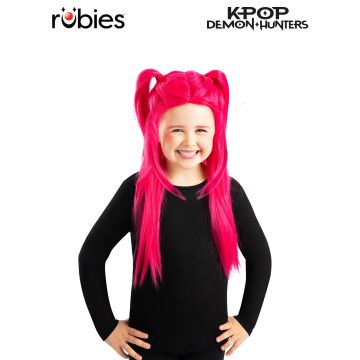 Kids K-Pop Demon Hunters Mira wig with hot pink twin ponytails and long fringe