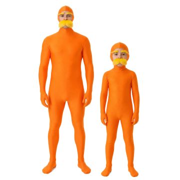 Kids and adults orange forest guardian full body costume with yellow mustache and eyebrows front view
