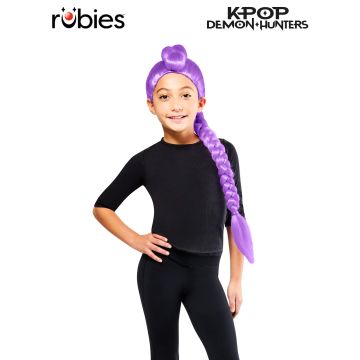Kids K-Pop Demon Hunters Rumi purple wig with long braided plait and top knot bun