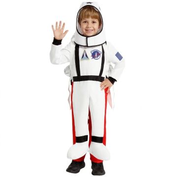 Kids white astronaut costume with NASA patches, helmet hood and silver rocket jetpack