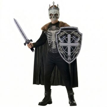 Kids skeleton king costume with black jumpsuit, faux-fur cape, crown and sword