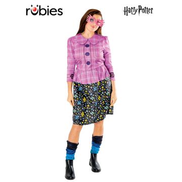 Adult Luna Lovegood costume with pink peplum jacket and printed skirt