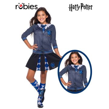 Kids Ravenclaw school top with printed house crest and blue striped cuffs