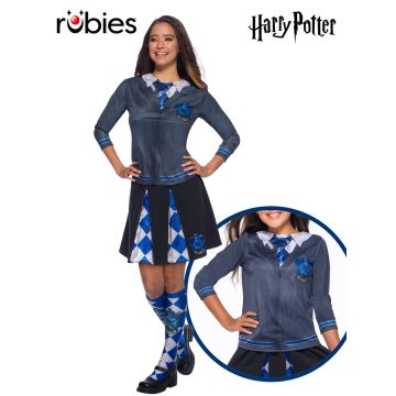 Adult Ravenclaw House costume top with printed cardigan, tie and crest for Harry Potter fans