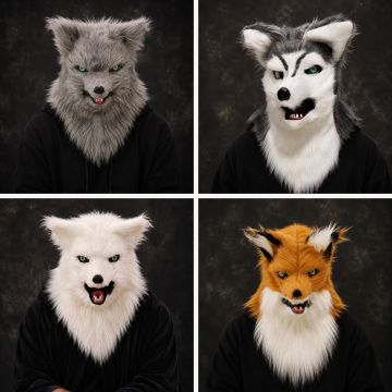 Adult plush wolf mask with sculpted snout and glass eyes - white variant