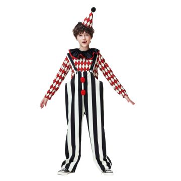 Kids circus clown costume with red-and-white diamond check shirt and black-and-white stripe overalls