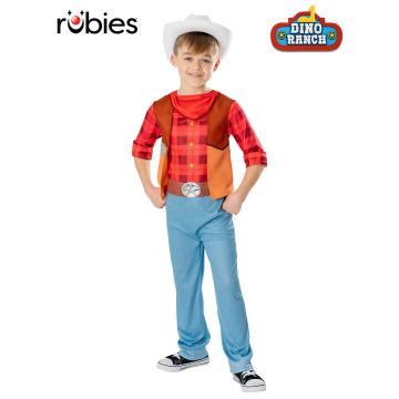 Kids Dino Ranch Jon cowboy costume with red plaid jumpsuit and white hat
