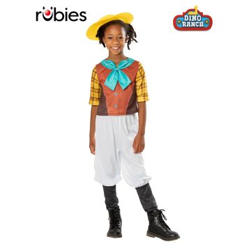 Girls Dino Ranch Min costume with yellow cowgirl hat and printed vest top