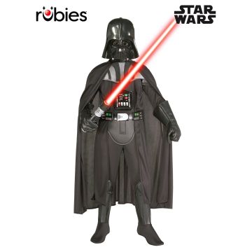 Child wearing black Darth Vader deluxe costume with 3D shoulder armor and helmet