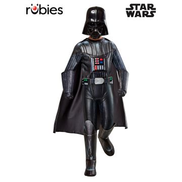 Kids Premium Darth Vader Costume front view showing padded black jumpsuit with chest control panel and molded helmet mask