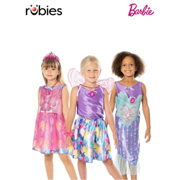 Girls Barbie dress-up trunk set with three costume themes - mermaid tail, fairy princess, and magical fairy with wings