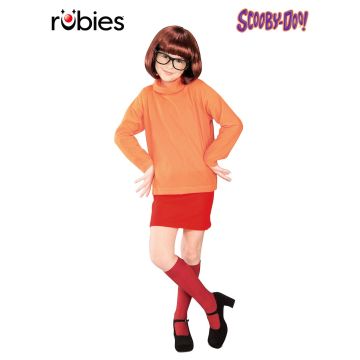 Kids Velma Scooby-Doo costume with orange turtleneck skivvy, red mini skirt, auburn bob wig and black square glasses