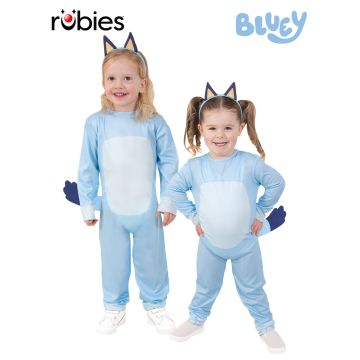 Toddler Bluey costume jumpsuit with blue fleece body and white belly panel