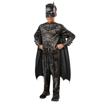 Kids Batman costume from The Batman 2022 film with black jumpsuit cape and mask