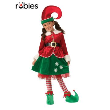 Girls deluxe Christmas elf costume with red tunic, green velvet skirt, white fur trim and curled hat