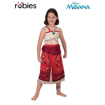 Girls Disney Moana deluxe costume dress with printed Polynesian patterns and layered burgundy skirt