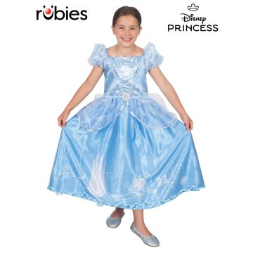 Girls Cinderella deluxe costume - light blue satin ball gown with silver scrollwork bodice and tulle puff sleeves