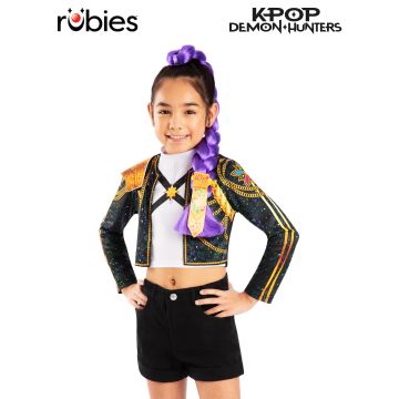 Kids K-Pop Demon Hunters Rumi purple clip-on hair braid with gold floral bow, 65cm long synthetic plait