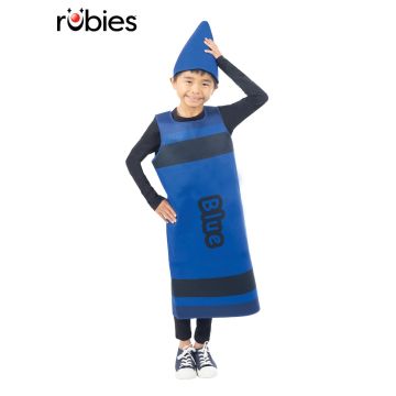 Child wearing blue crayon tabard costume with cone hat and black base layers