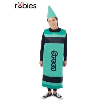 Adult green crayon costume with overhead tabard and pointed tip hat