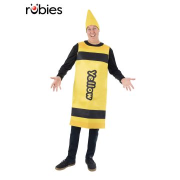 Adult yellow crayon costume with cone hat and velcro tabard