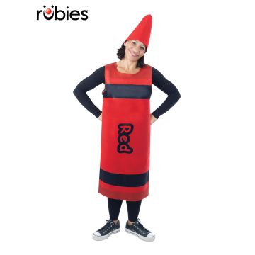 Adult wearing red crayon tabard costume with conical headpiece and black clothing