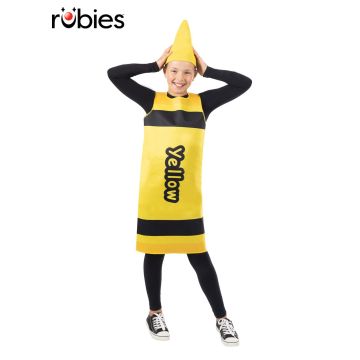 Kids yellow crayon costume tabard with black stripes and pointed hat