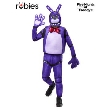 Child wearing Five Nights at Freddy's Bonnie costume with purple jumpsuit and character mask