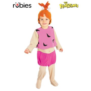 Kids Pebbles Flintstone costume with pink spotted fleece jumpsuit and orange headpiece