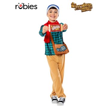 Child wearing Charlie Bucket costume with checked shirt, beanie, satchel and golden ticket prop